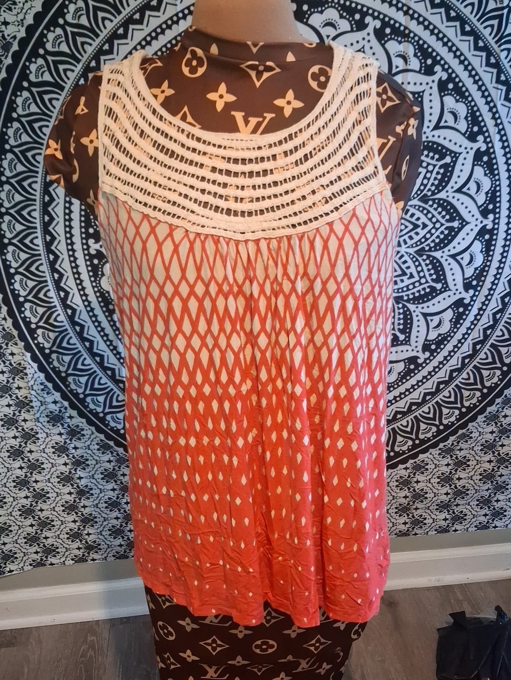 Loveappella Coral Ombre Diamond-Print Crochet Yoke Camisole